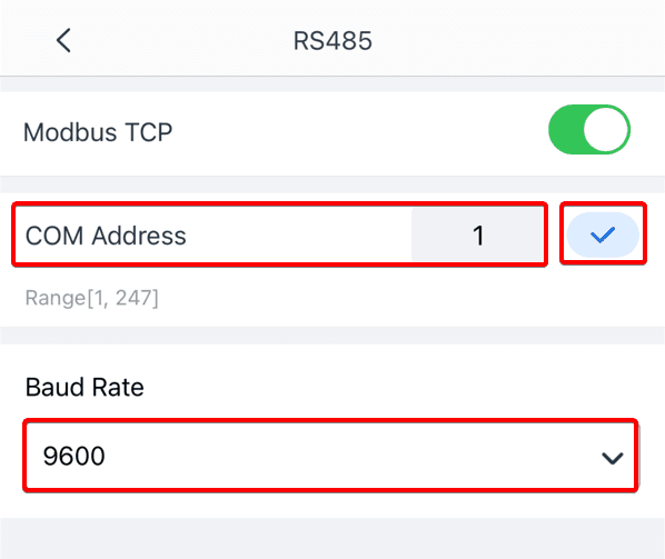 RS485 instellingen - COM Address en Baud Rate