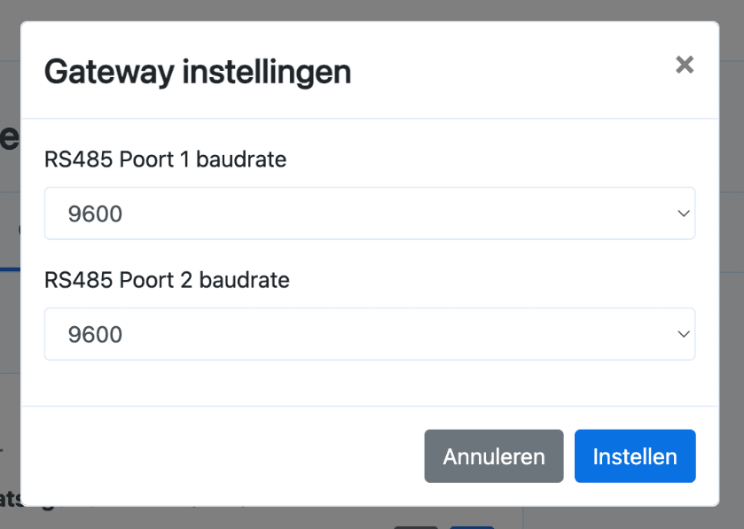 Gateway instellingen - Baudrate