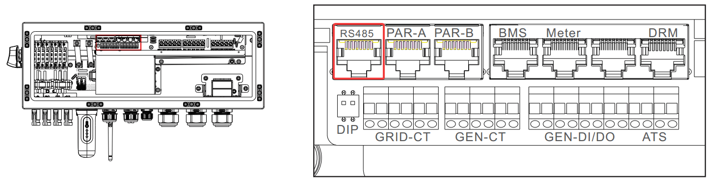 Solis S6-EH3P 12-20K poorten met RS485 gemarkeerd